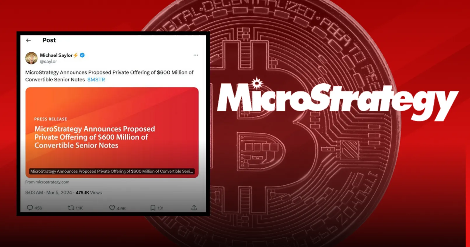 MicroStrategy ประกาศแผนระดมทุนครั้งใหม่! ในการเข้าซื้อ Bitcoin เพิ่มอีก 600 ล้านดอลล์