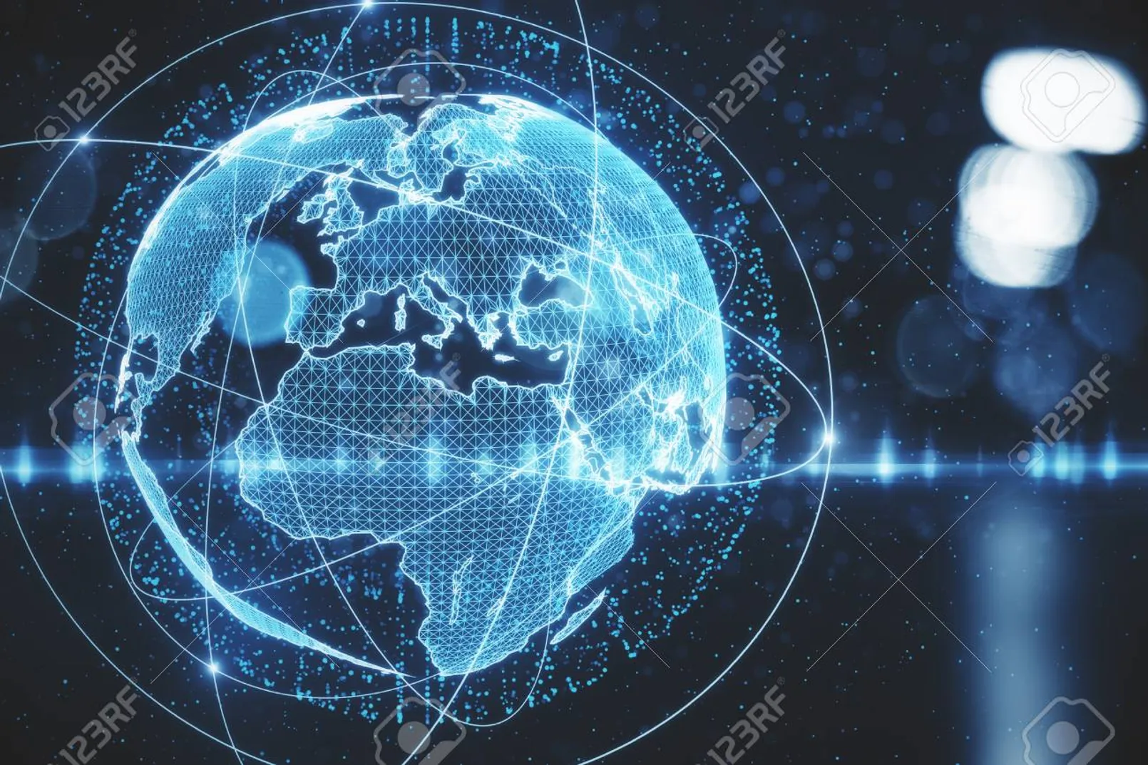 98199140 Abstract Digital Globe on Blurry City Background Broadcast Media and Global Business Concept 3D Rend.jpg